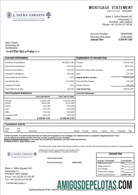 Declaração de hipoteca do Banco Suíço J. Safra Sarasin Bank em formatos Word e PDF amostra